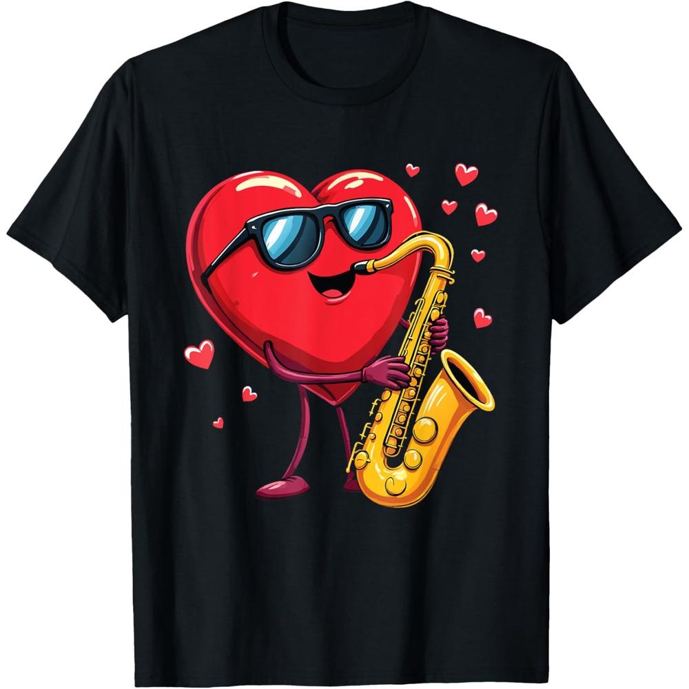 Heart Playing Saxophone Valentines Day Men Women Boys Boys Girls Cotton Men T Shirt 4XL чёрный