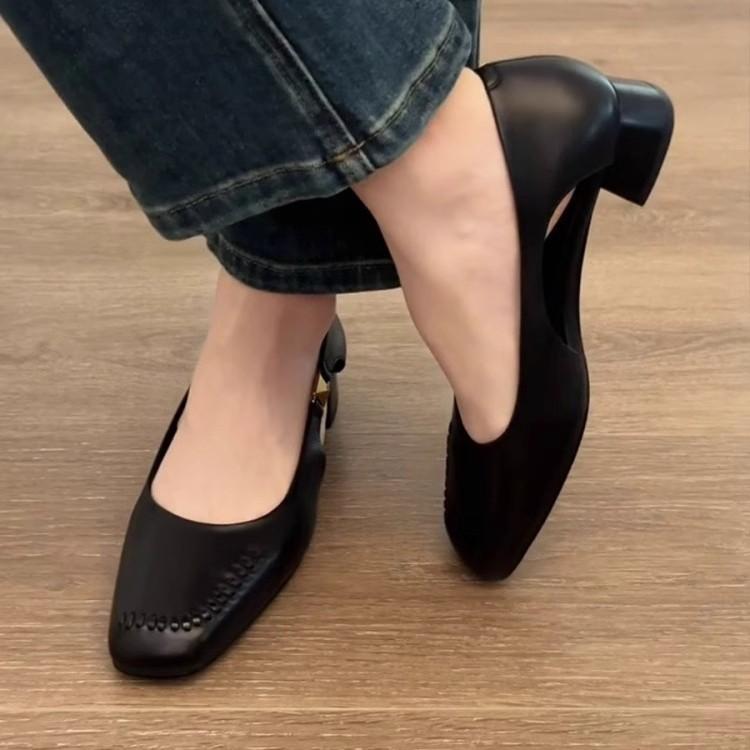 Sheepskin version~ retro shallow mouth square head side empty metal single shoes women's one-pedal commuting thick heel with skirt sandals