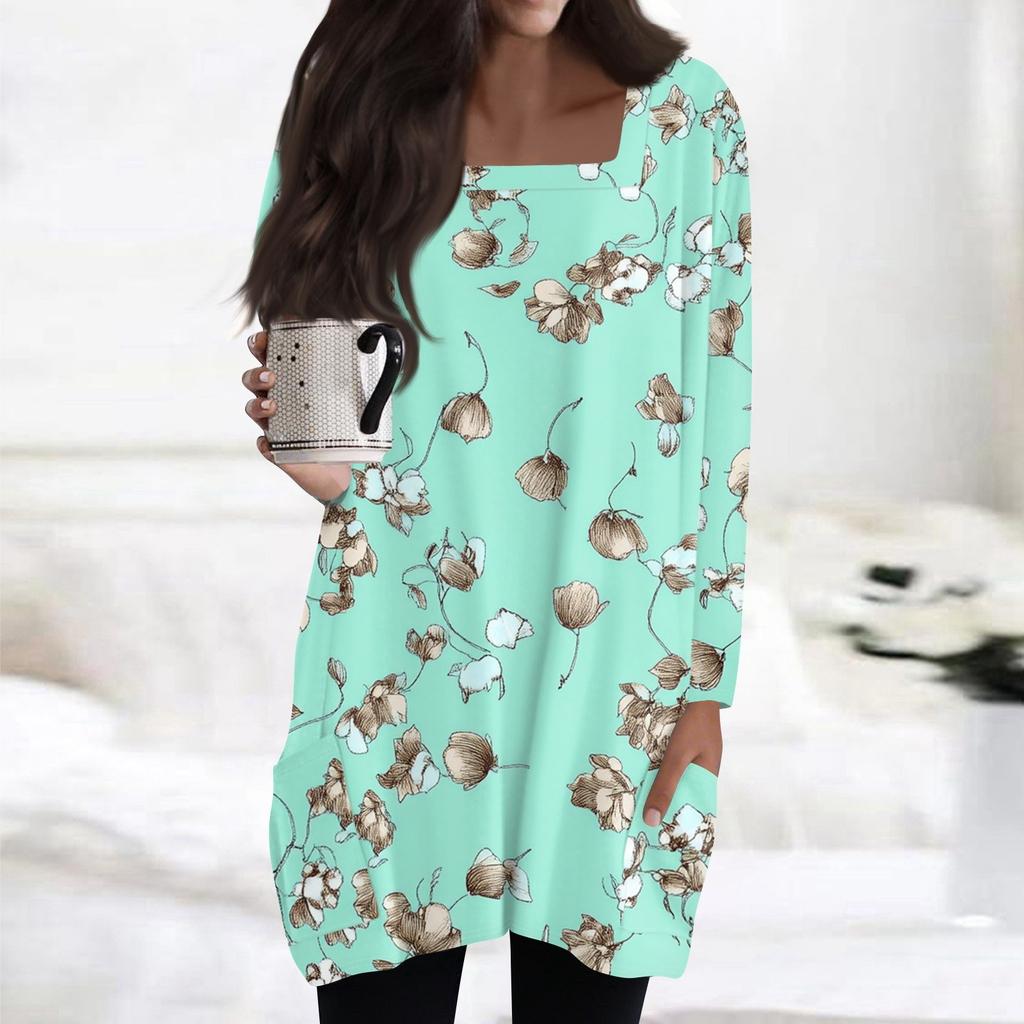 Womens Tops Square Collar Long Sleeve Blouses Casual Mid-length Shirts Fashion Print Tunic Tops With Pockets