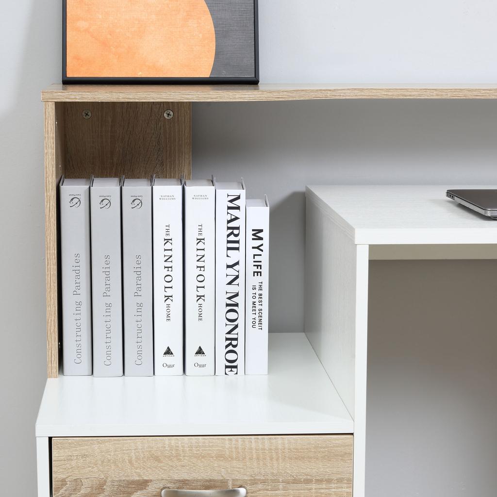 Computer Desk with 2 Drawers, Desk with Storage, 137 x 55 x 92 cm, Open Shelves and Shelf