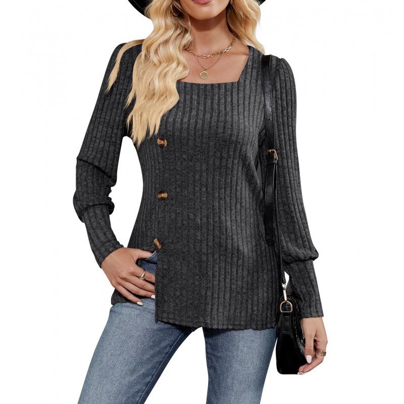 2026 Women's Spring/Summer Casual Ribbed Square Neck Long Sleeve Slit Sweater Top