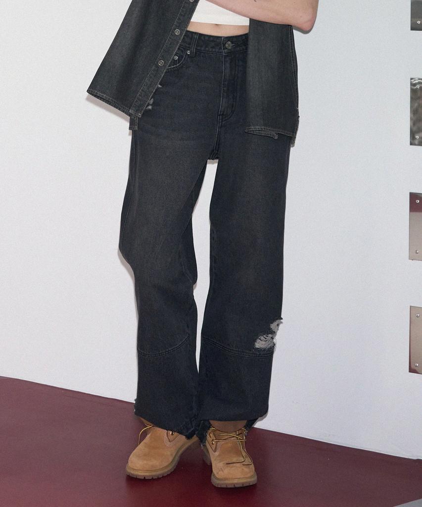 Ledeoli Unfolded Damaged Washed Denim Pants [Light Blue]