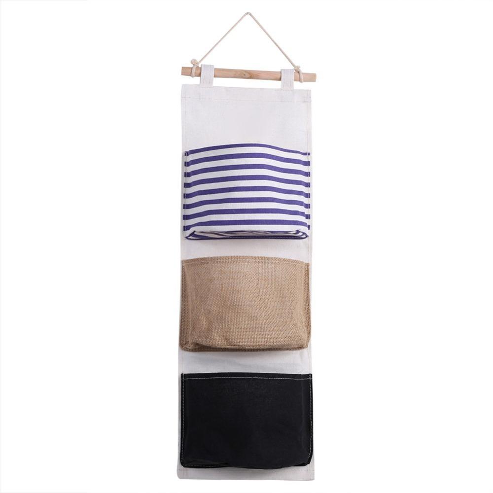 3Layer Design Linen Storage Bag Cotton Linen Fabric Wall Pouch Storage Organizer  Door Hanging синий