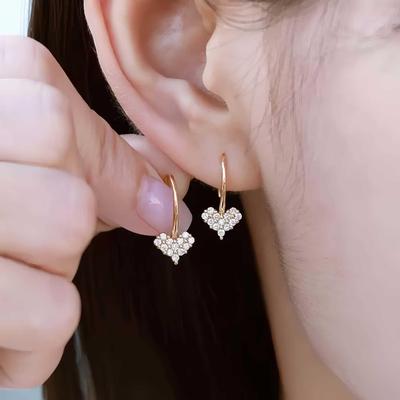 S925 Sterling Silver Plated 18K Full Diamond Heart Stud Earrings for Women - Simple and Elegant Heart-Shaped Design