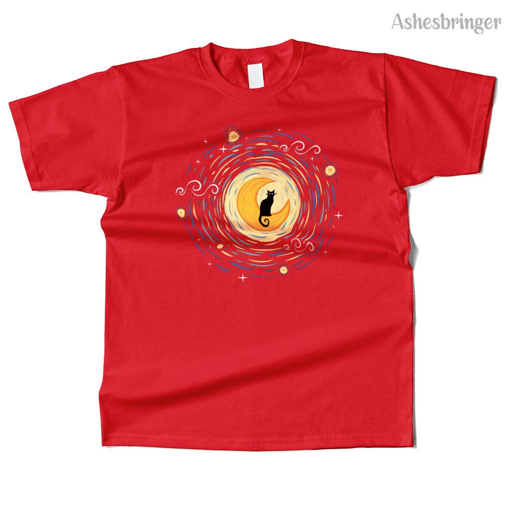 Unisexs Cotton Starry Moon Cat Graphic High Quality T Shirt Street Casual Style Tee for Unisex and Women M