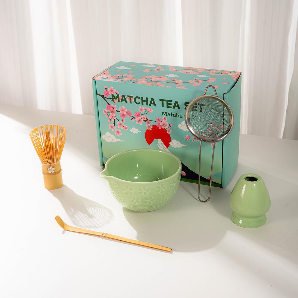 Japanese Matcha Tea Set With Cherry Blossom Pattern, Bamboo Whisk, Ceramic Matcha Bowl, Matcha Making Kit, Tea Utensils Set Gift