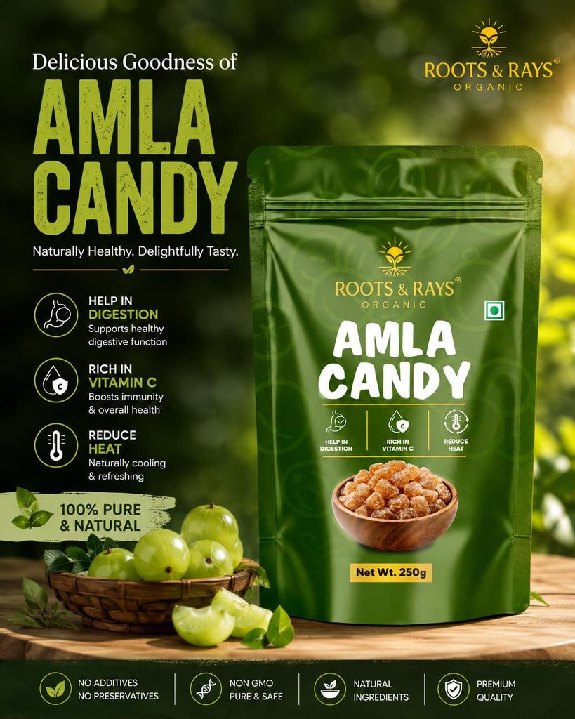 ROOTS & RAYS ORGANIC Amla Candy | 100% Natural Indian Gooseberry Candy | Rich In Vitamin C for Immunity, Digestion & Daily Wellness | Sweet & Tan