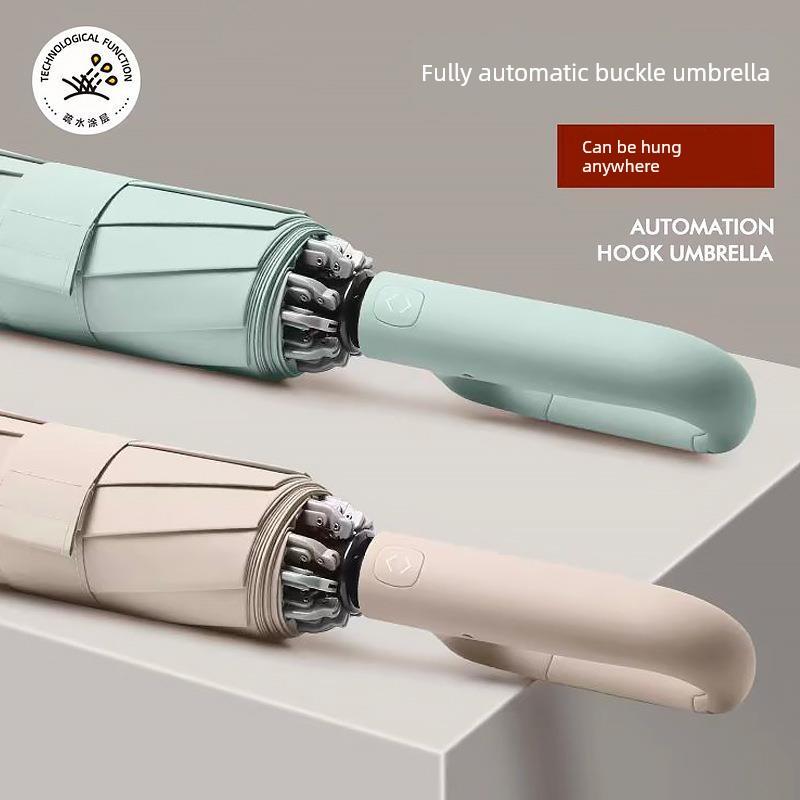 Automatic Ring Buckle Umbrella with Enlarged Hook, Foldable, Portable, Reinforced, Dual-Use for Sun and Rain, Unisex, Sun Protection