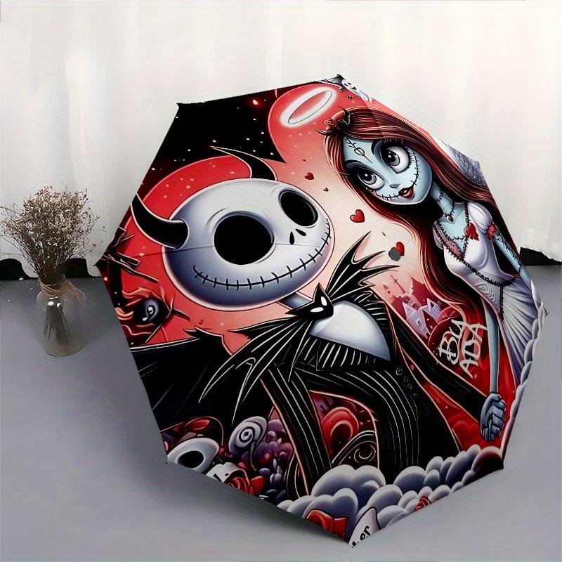 1 Automatischer Regenschirm mit 8 Speichen, Motiv Jack Skellington und Sally, Bunt, Tragbar, für Damen und Herren, Ein Kompakter Begleiter für den Weg zur Arbeit, Geeignet für Da