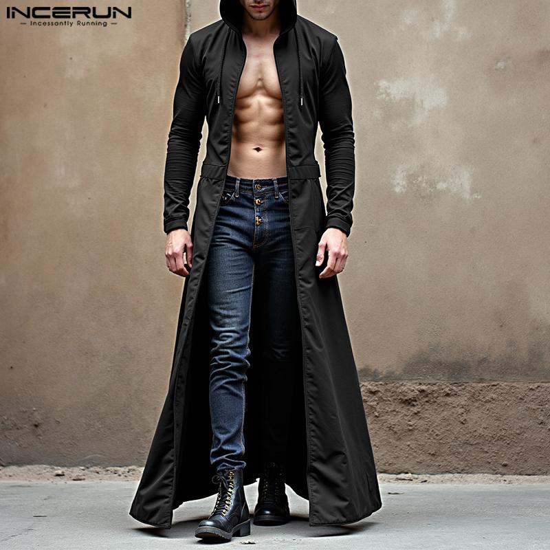 INCERUN Men Collarless Long Sleeve Open Front Long Hooded Cardigan Coats Windbreaker
