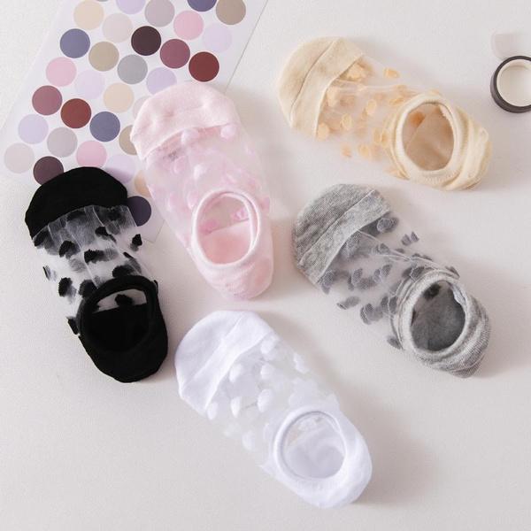5Pairs Round Dot Socks Women's Summer Thin Transparent Invisible Boat Socks Breathable Short Sock Mesh Ultra-thin Non-slip Socks
