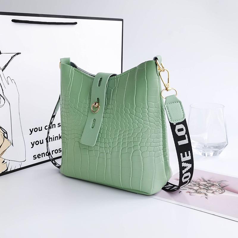Crocodile pattern bucket shoulder crossbody women's bag versatile trend stone pattern buckle niche bag