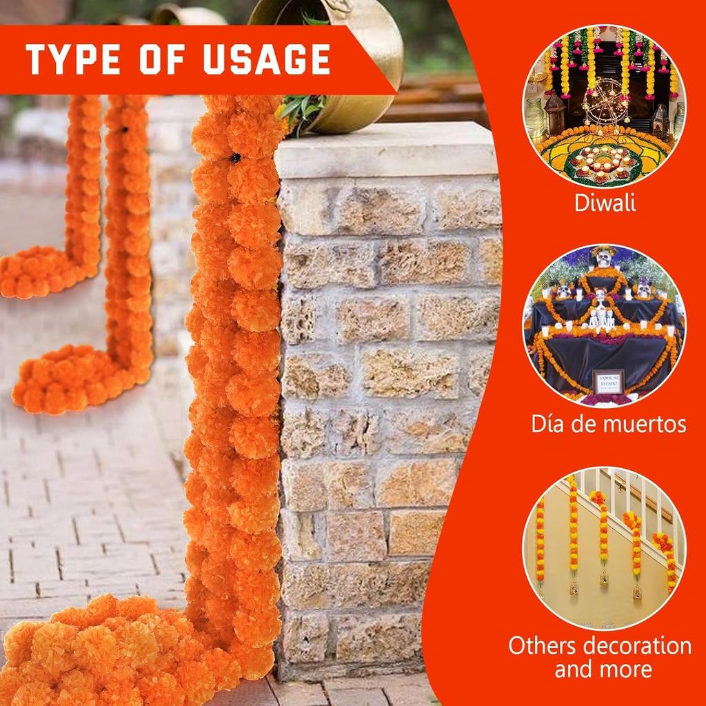 5Pcs Marigold Garland for Decoration,5 Feet Artificial Marigold Flowers Diwali Decorations for Home,Orange Artificial Marigold Heads for Diwali