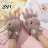 Cute Bear Paw Thermal Mittens Furry Cat Gloves, Flip Top Mitten with Button for Women, Winter Fluffy Plush Accessories Half Finger Gloves Print