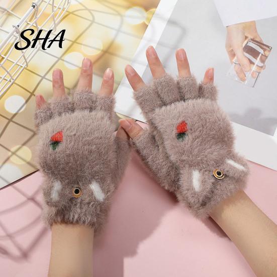 Cute Bear Paw Thermal Mittens Furry Cat Gloves, Flip Top Mitten with Button for Women, Winter Fluffy Plush Accessories Half Finger Gloves Print