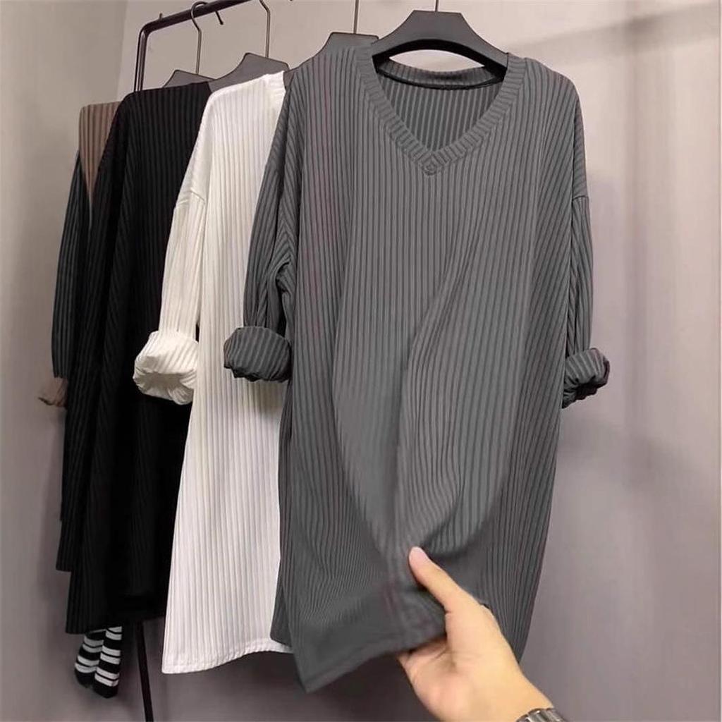European V-Neck Long Sleeve T-Shirt for Women - Mid-Length Loose Fit for Spring, Autumn, Winter