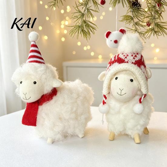 Soft Fabric Animal Figurines Plush White Sheep Christmas Ornament, Cute Knit Hat Lamb Tabletop Decoration, Desktop Festive Ornaments