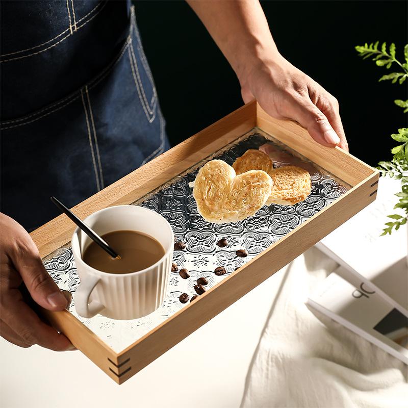 HeMu Set de decorațiuni de masă vintage din sticlă cu flori de cireș și măr, tavă din lemn, ceai aromaterapie, tavă pentru recepție cu ceai de mare