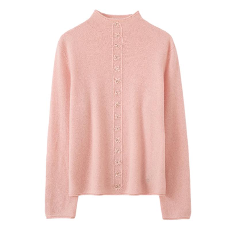 Lekasha Pure Cashmere Hand-Beaded Half-High Collar Cardigan Coat for Women