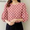 ZANZEA Women Casual V-Neck Loose Polka Dot Print 3/4 Sleeve Blouse