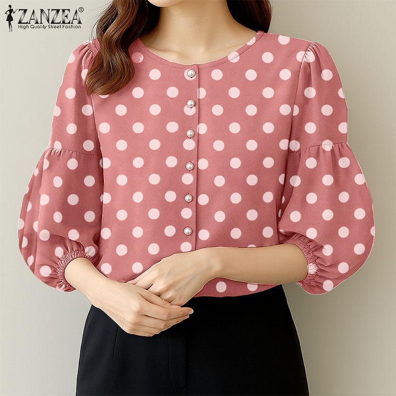 ZANZEA Women Casual V-Neck Loose Polka Dot Print 3/4 Sleeve Blouse