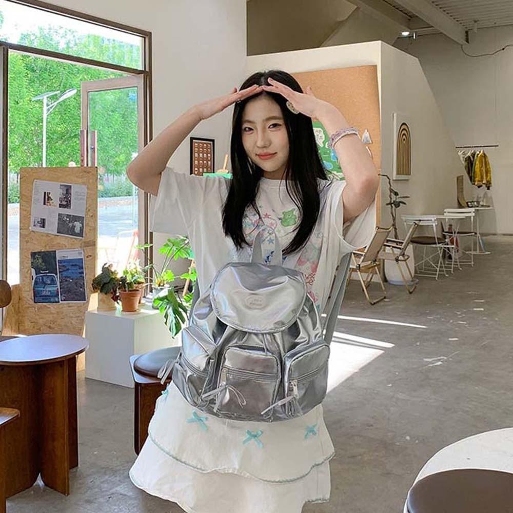 Sweet Women Daily School Bag Large Capacity Silver PU Daypack Korean Drawstring Backpack  Outdoor
