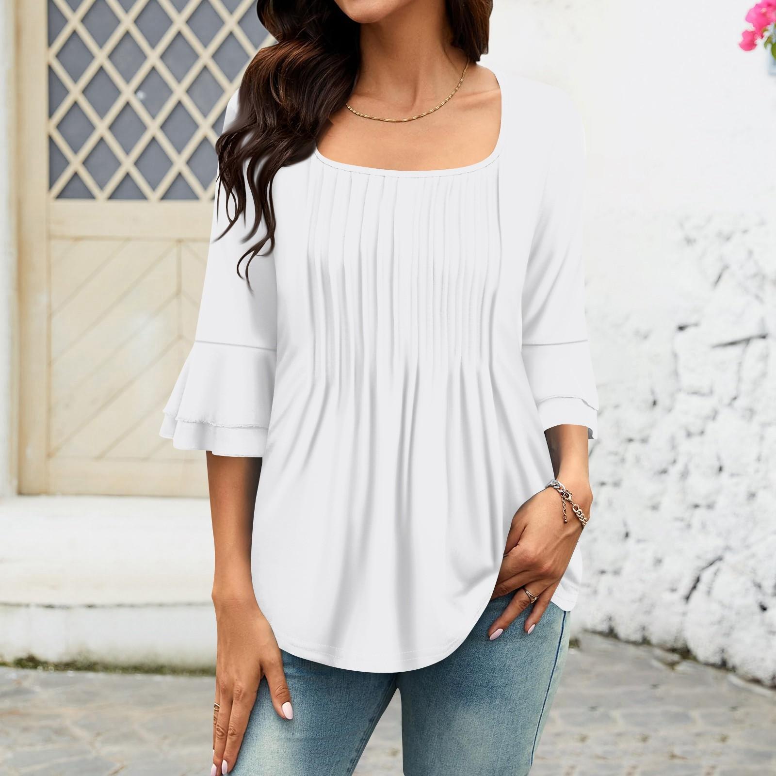 

Женские рубашки с рукавами 3/4, топы, нарядные повседневные блузки, плиссированные топы-туники с квадратным вырезом и вырезом M белый
