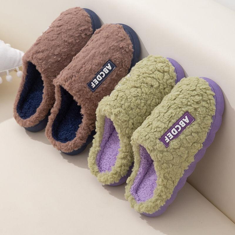 Cotton slippers women's autumn and winter couples home indoor thick bottom non-slip plush warm men's Baotou supermarket