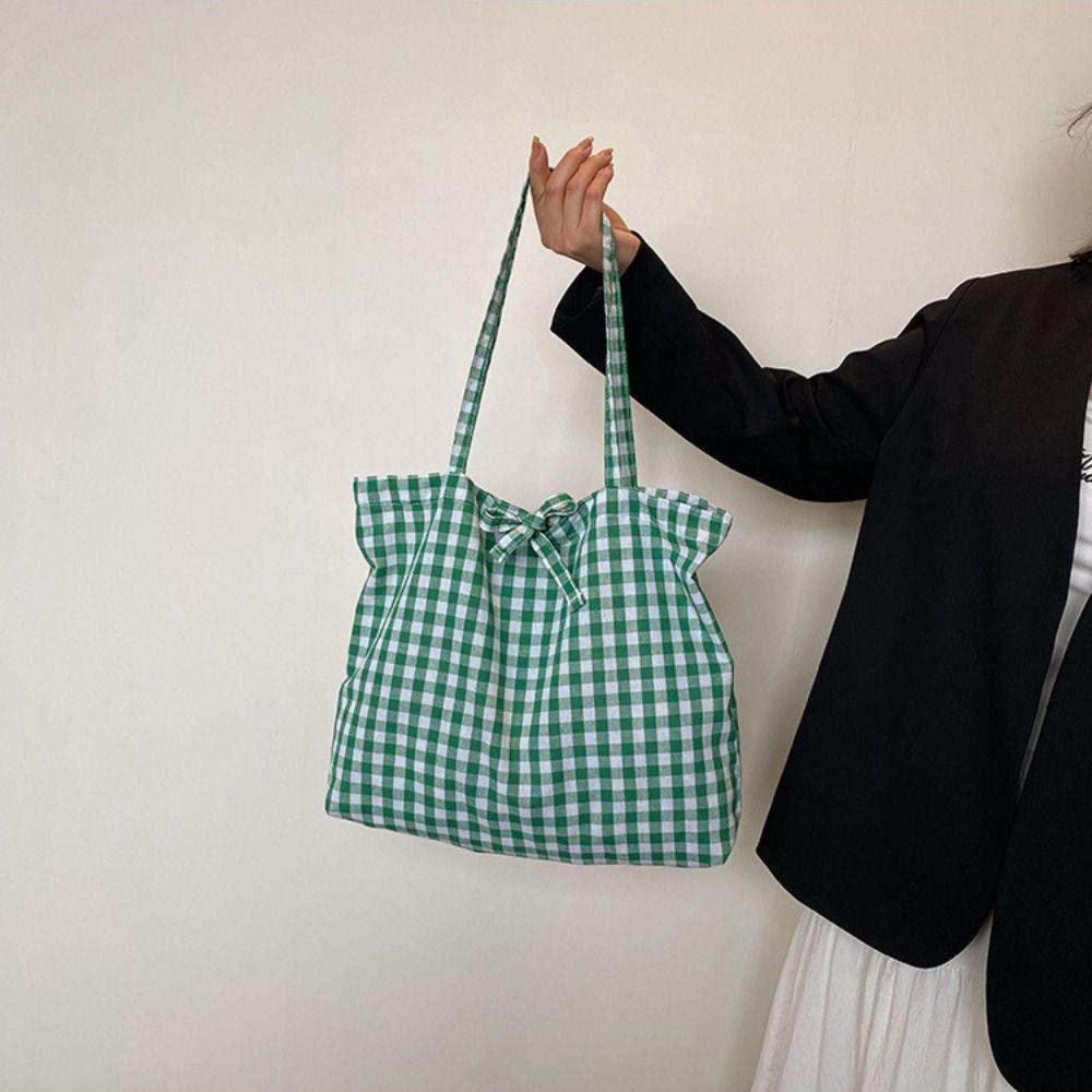 Ins Style Polyester Plaid Tote Bags Large Capacity Bow Tie Design Bow Shoulder Bag Lightweight Shopping Bag Casual Use