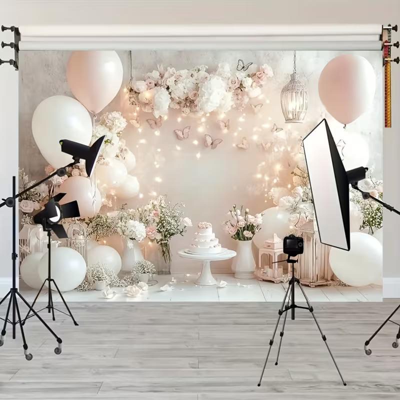 

2D Dreamy Floral & Balloon Party Backdrop, Photography Background for Cake Smash & Kids Parties 47.2x31.5inch/120*80cm