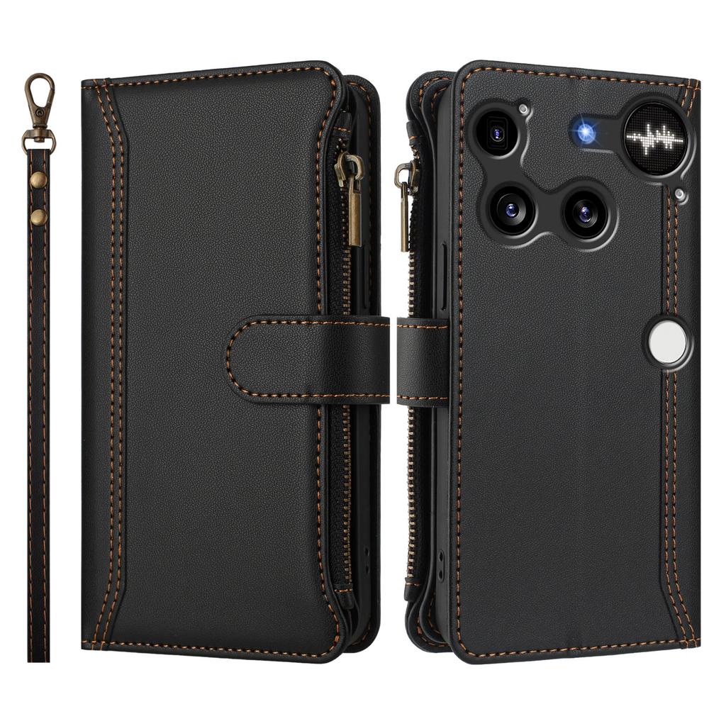 Per niente telefono (3) Custodia in Pelle 5G 9 Scomparti per Carte Portafoglio con Cerniera Supporto Copertura per Telefono con Cinturino da Polso
