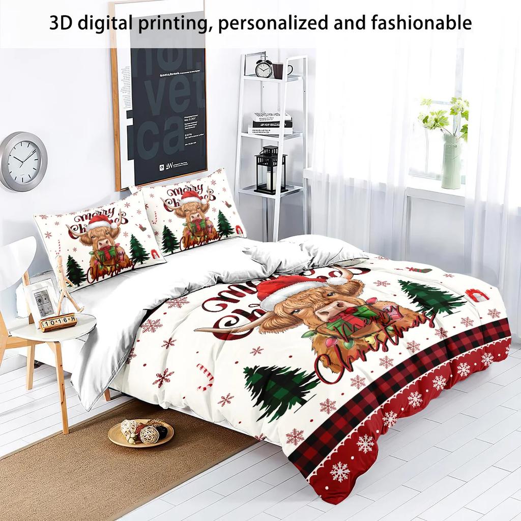 3Pc Christmas Highland Cow Print Coreless Holiday Bedding Set Soft Comfortable Bedroom Dormitory Multiple Sizes Machine Washable