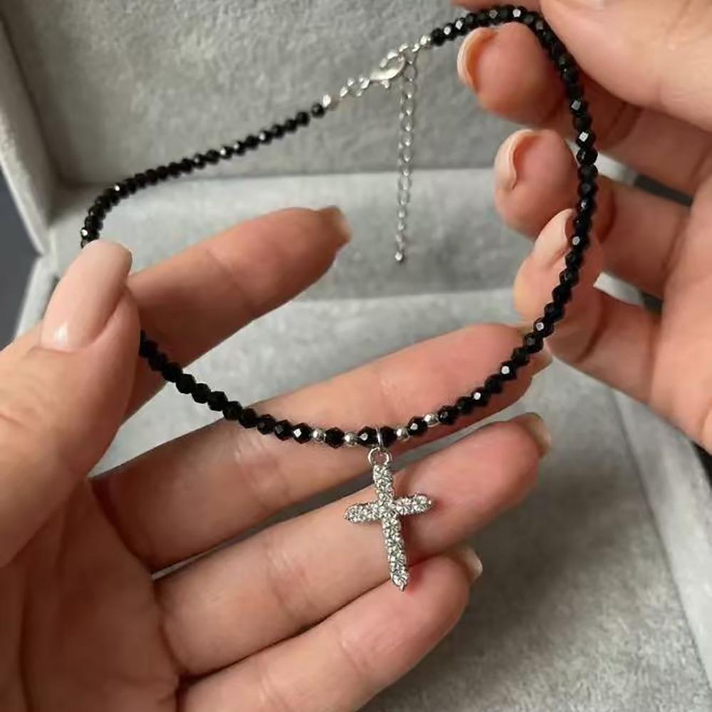 Retro Beaded Cross Pendant Necklace for Women Elegant Turquoise Beads Chain Choker Neck Statement Party Vintage Jewelry Gift