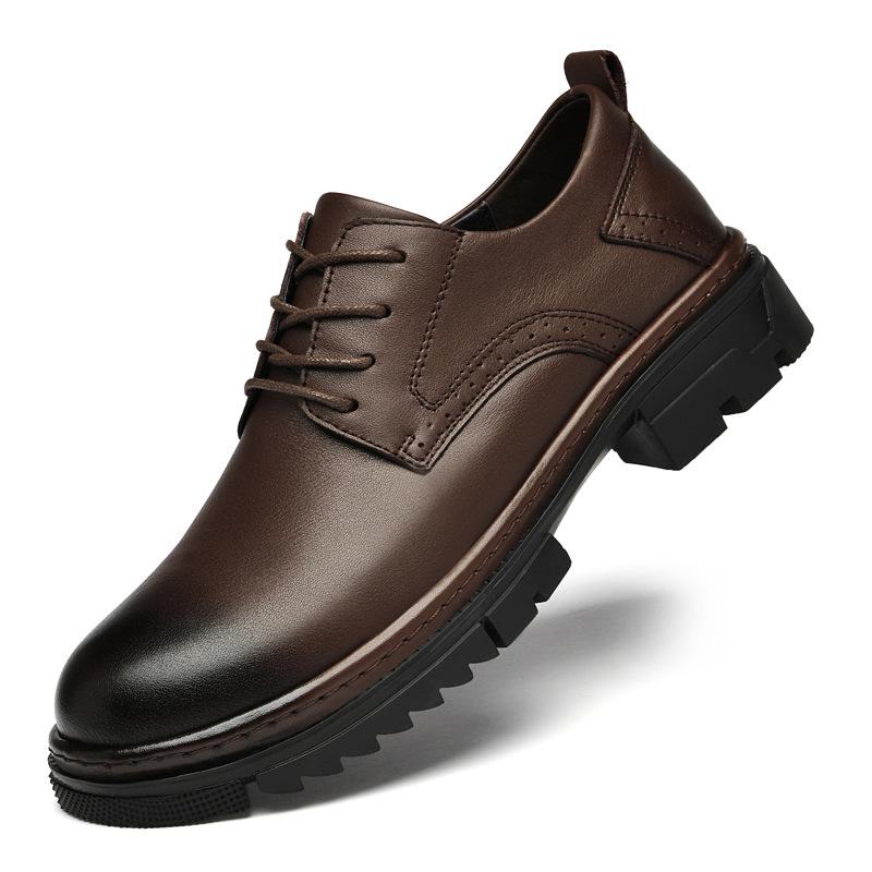 Men's leather shoes first layer cowhide thick sole heightening round head office leather shoes hole leather shoes