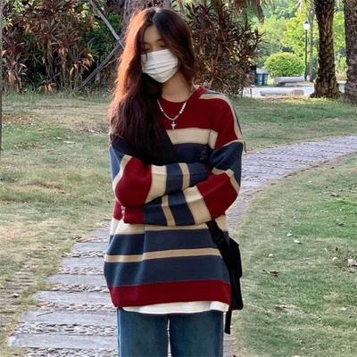 Lazy Style Sweater with Loose and High-end Knitted Stripes Women's College Style Versatile Striped Long Sleeved Top Trendy