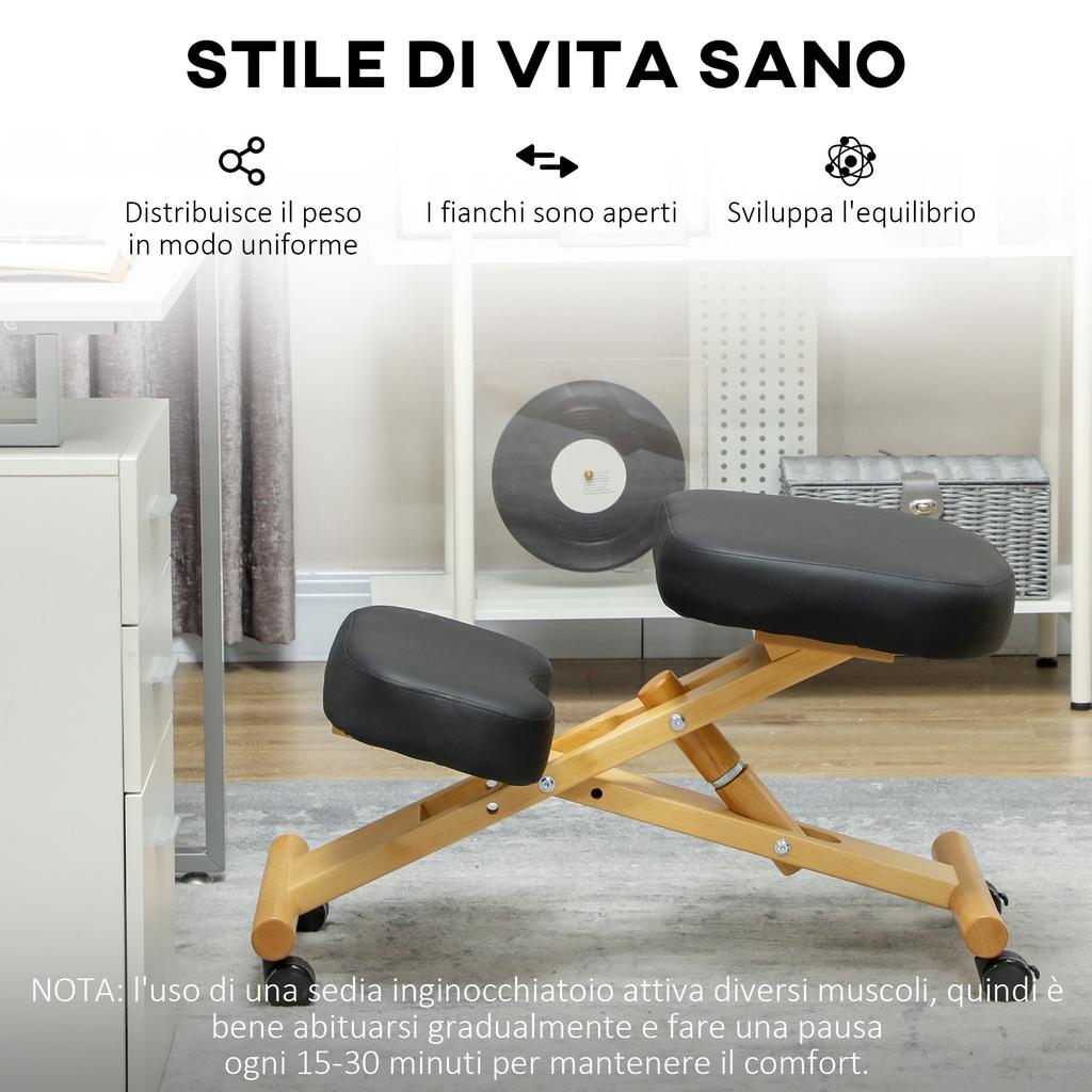 Ergonomic Posture Chair with Kneeler and Wheels, in Rubberwood, Black