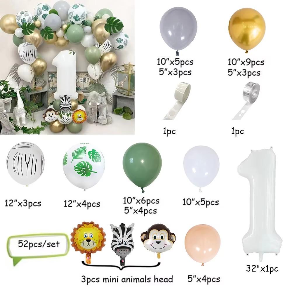 52Pcs Birthday Party Decorations Boy Jungle Balloon Arch Kit Children's First Birthday Boy Party Wild Safari Safari Animal Theme