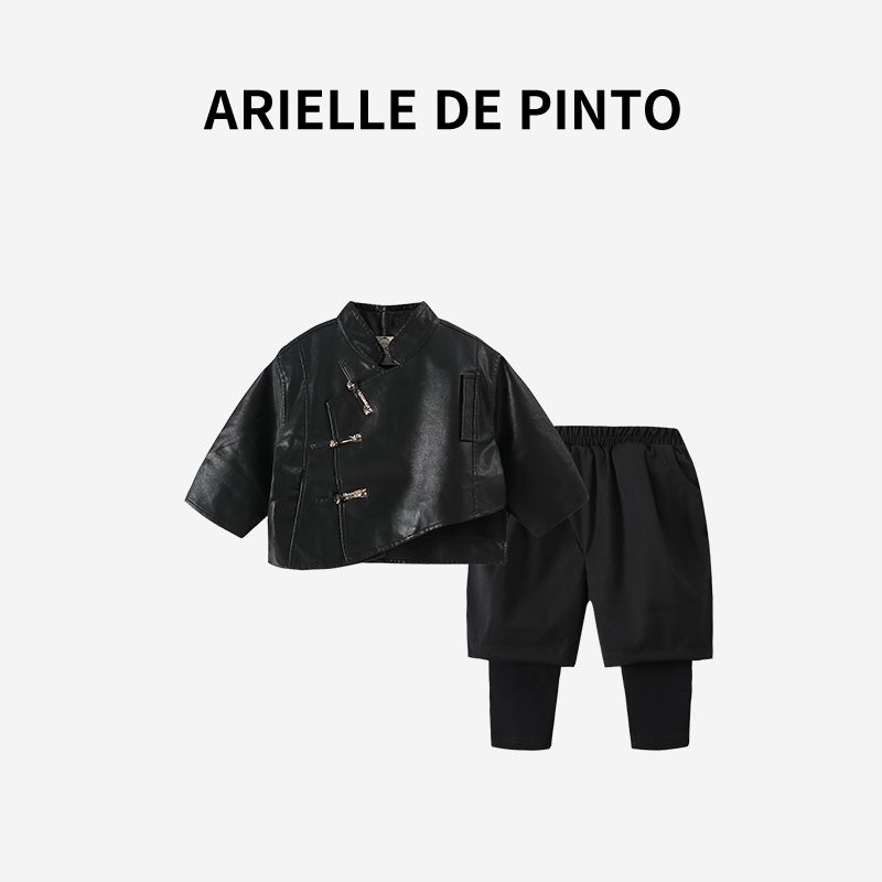 French Arielle De Pinto Boys Suit Spring and Autumn New Chinese Style Kidsren s Leather Jacket Black Jacket Black(Suit) 120cm