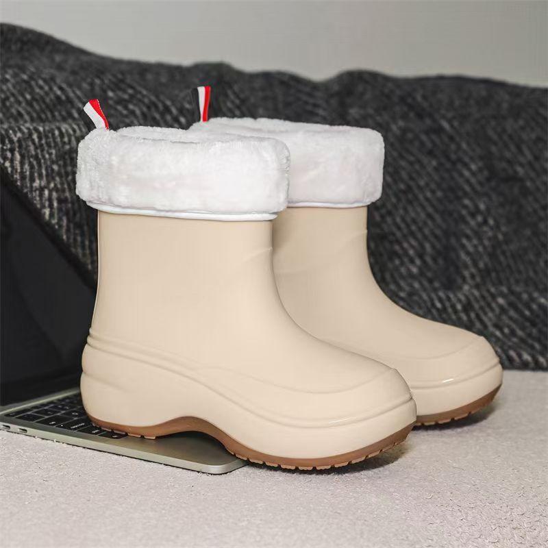 Woman New Thick Sole High Top Rain Boots Waterproof Non Slip Round Toe Detachable Cotton Cover Wedges Fashionable Water Shoes