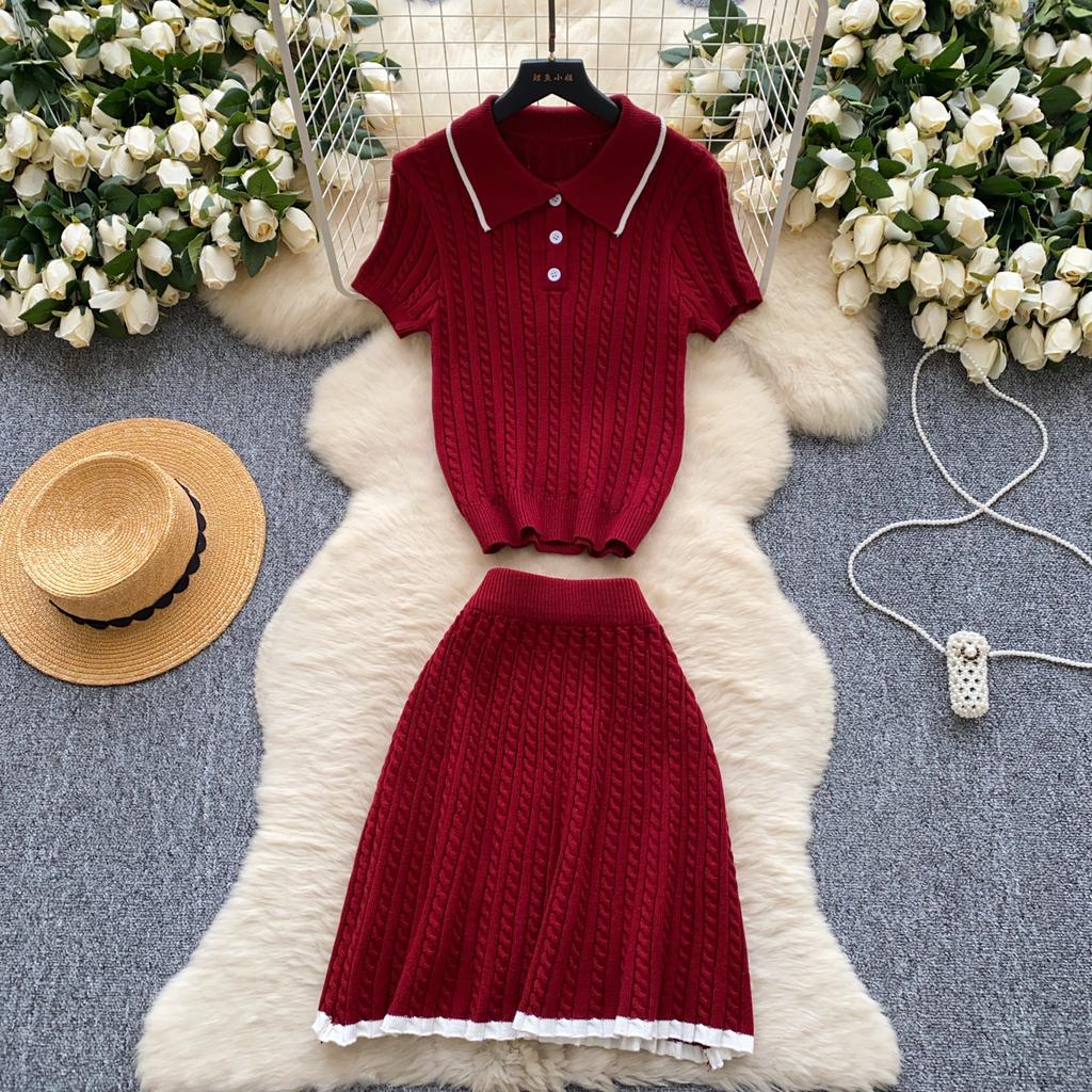 Fashion Knitted 2pc Two Pieces Suits Skinny Short Sleeves Polo Shirt+Short Skirt Drilled Women Simple Style Summer Sets
