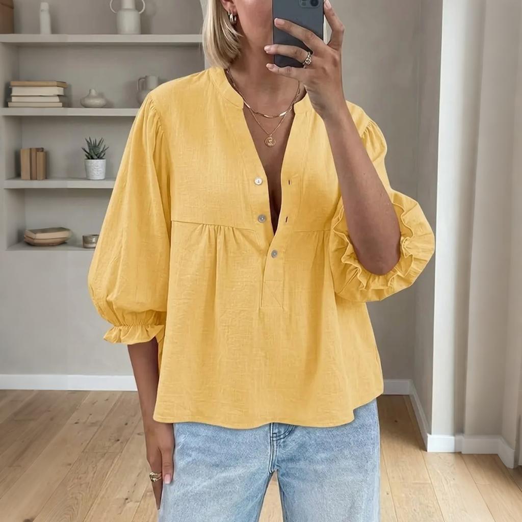Women's Button Front Blouse Linen Cotton Blend Balloon Sleeves Puff Sleeve Top Casual Loose Fit Shirt