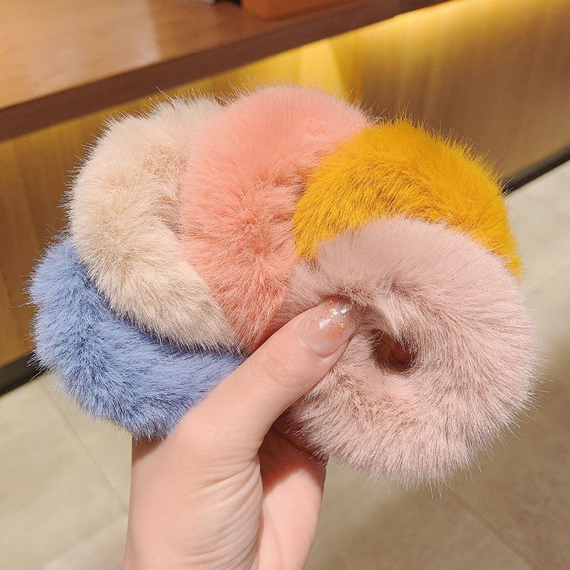 Girls' Candy Color Plush Rabbit Fur Hair Band - Cute, Versatile Student Bun Accessory