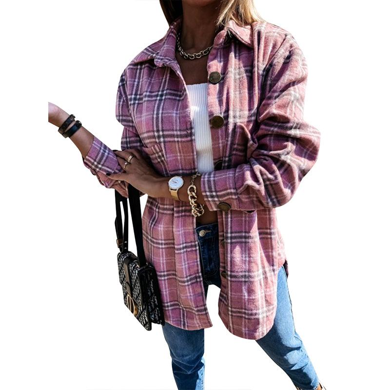 Camicia da donna autunnale Camicia di media lunghezza con risvolto ampio scozzese Comoda giacca da camicia casual