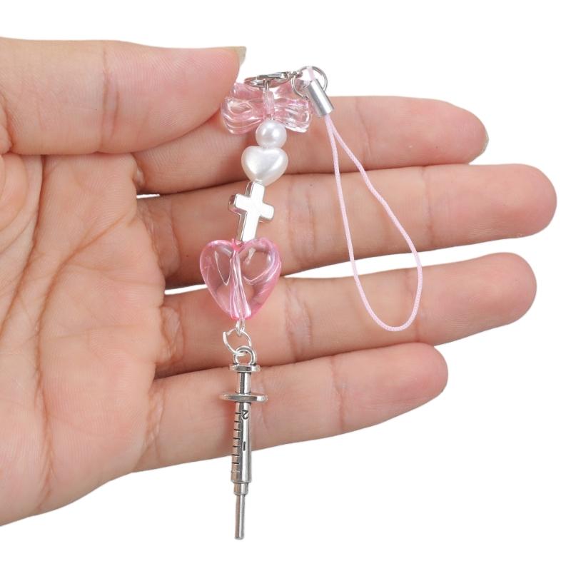 Syringe Bowknot Hanging Pendant Sweet Cool Phone Strap Bag Decoration Portable Y2K Hanging Lanyard Gift for Girls Women