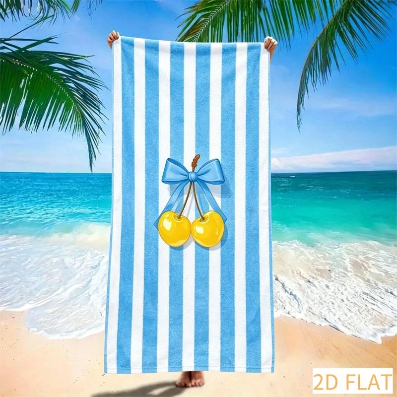 Blau gestreiftes Kirsch-Strandtuch - Super saugfähig Schnell trocknend Mikrofaser Mit rosa Schleifen-Print Weiche Sandfreie Decke für Picknick