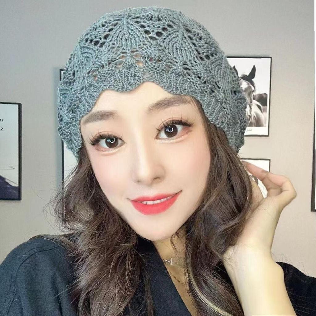Women's Fashion Hollow Spring and Summer Hat Breathable Lace Thin Headscarf Knitted Slouchy Head Hat Hair Covering Hat
