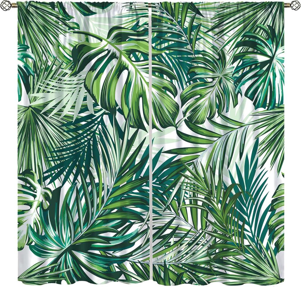 Tropical Palm Leaf Curtains Natural Emerald Green Gold Botanical Plant Abstract Printed Window Treatments Curtain Made Of Polyester With Rod Pocket
