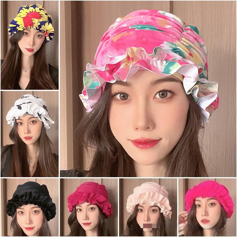 Womens Swim Cap for Long Hair Cute Korean Style Colorful Fabric Design Elegant Beach Photography Hot Spring Swimming Cap