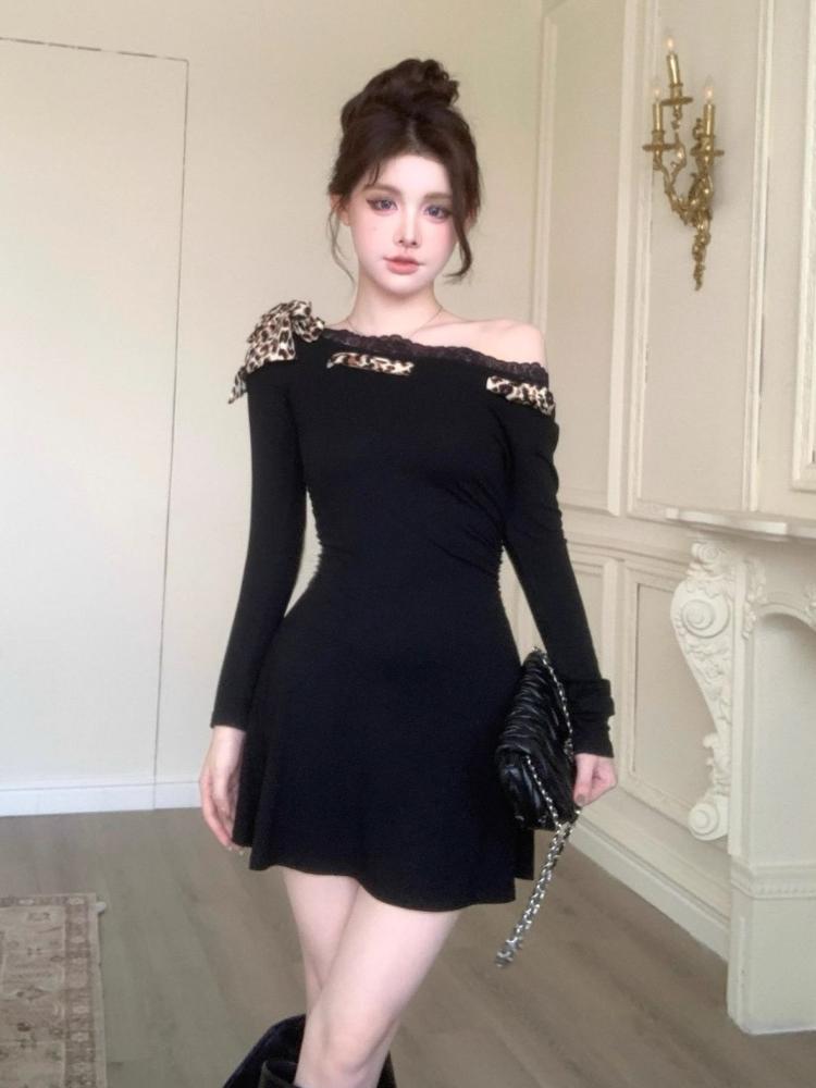 Toamna Dantela Imprimare Leopard Design Sense Maneca lunga Cusatura diagonala Umar Negru Rochie Pure Desire Talie American Spice Girl Rochii scurte