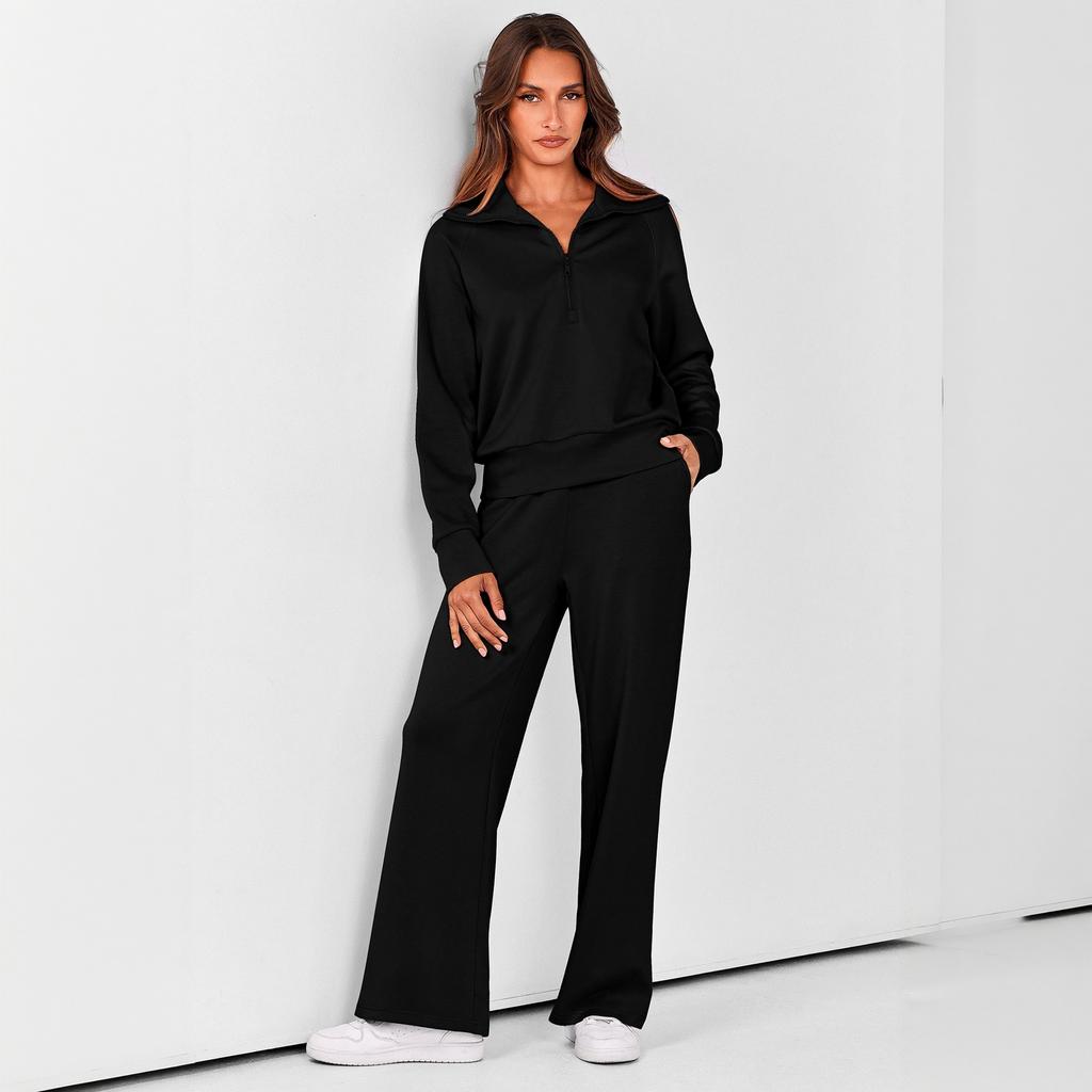 Women's Zip Up Long Sleeve Hoodie and Wide Leg Pants Activewear Set